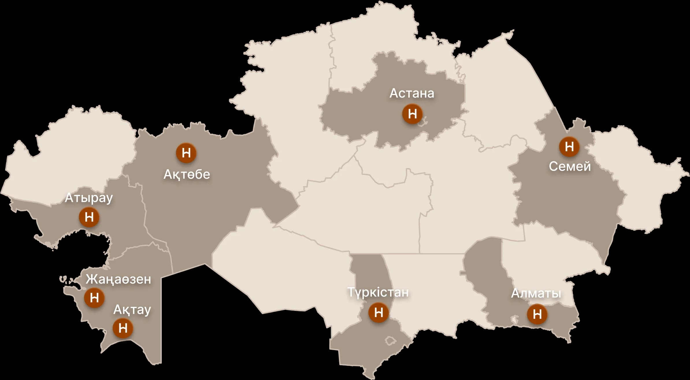 Map of Hickmet branches across Kazakhstan